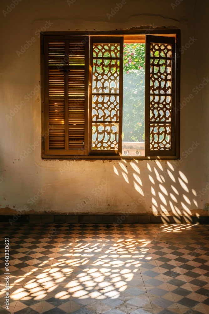 Poster sunlight streaming through a wooden window casting intricate shadows on a tiled floor, creating a se