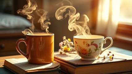 Morning Ritual Two steaming cups of tea, a stack of books, and the soft glow of sunlight through a windowsill.