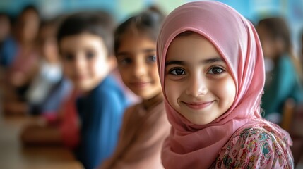 Fototapeta premium A photo of happy children in a classroom, one girl wearing a pink hijab smiling at the camera with other kids around her