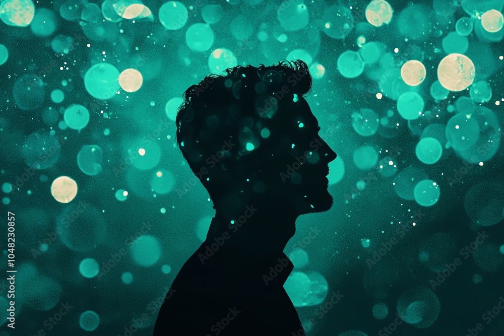 Poster silhouette of a person against a backdrop of colorful bokeh lights, creating a dreamy and mysterious
