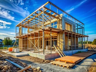 House Under Construction: Modern Architecture in Progress with Scaffolding and Tools