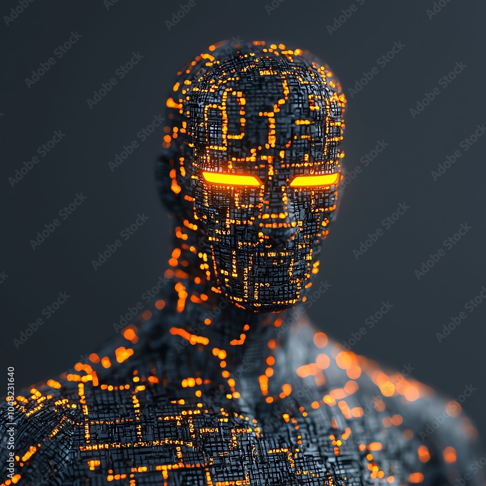 Poster a futuristic robot with glowing patterns, showcasing advanced technology and digital art in a dark b