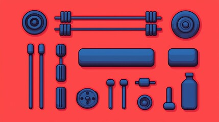 Obraz premium A collection of gym equipment including weights, bars, and accessories on a vibrant red background for fitness enthusiasts.