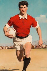 Athlete in Full Sprint with Ball and Cheerful Crowd