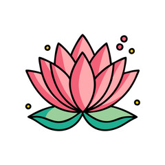 Obraz premium Pink lotus flower vector illustration, blooming water lily icon with green leaves, zen yoga and wellness floral symbol in flat line art style