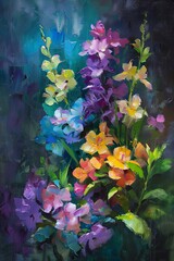 Vibrant Floral Bouquet: A Lush Display of Colorful Blooms in Rich Blues, Purples, and Yellows Against a Dark, Dreamy Backdrop - Perfect for Nature Themes.