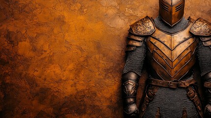 A detailed view of a medieval knight's armor against a textured orange backdrop, evoking strength and history.