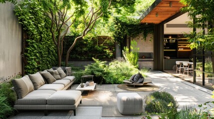 Modern Patio with Lush Greenery and Comfortable Seating