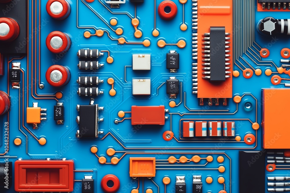 Poster a close-up view of a vibrant circuit board showcasing intricate details and colorful components, ide