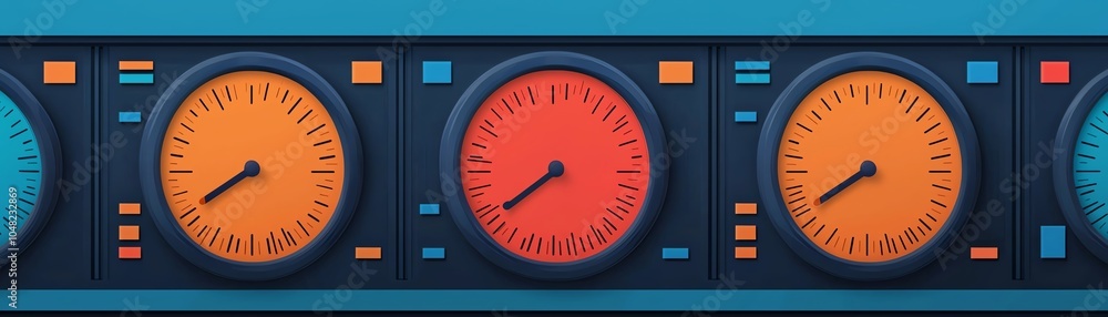 Poster a vibrant control panel with colorful gauges, representing various levels and metrics in a modern de