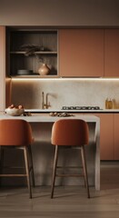 Modern Kitchen Interior with Stylish Bar Stools and Elegant Cabinetry