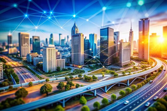 Innovative Urban Landscape Showcasing 6G Internet Coverage with Tilt-Shift Photography Technique - Powered by Adobe