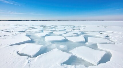 Frozen lake with intricate ice patterns, surrounded by snowcovered landscapes, frozen lake, winter s stillness