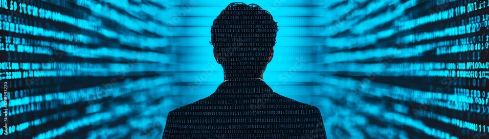 Poster silhouette of a person against an abstract digital backdrop, symbolizing technology and data visuali