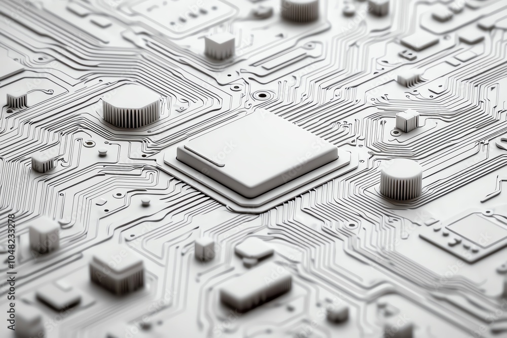 Poster a close-up view of a modern circuit board, showcasing intricate pathways and components essential fo