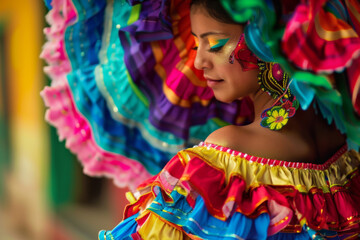 Fototapeta premium Vibrant Latina dancer in traditional colorful attire and sombrero, showcasing cultural heritage with intricate patterns and joyful expression.