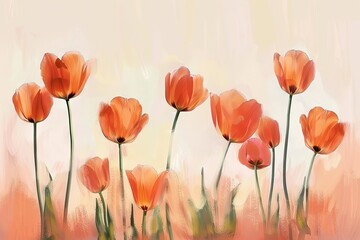 Fototapeta premium Vibrant Orange Tulips Blooming in Soft Pastel Background â€“ Elegant Floral Artwork Perfect for Nature-Inspired Decor and Spring-Themed Designs