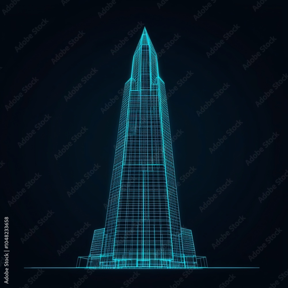 Poster a stunning digital representation of a futuristic skyscraper, showcasing a glowing wireframe structu