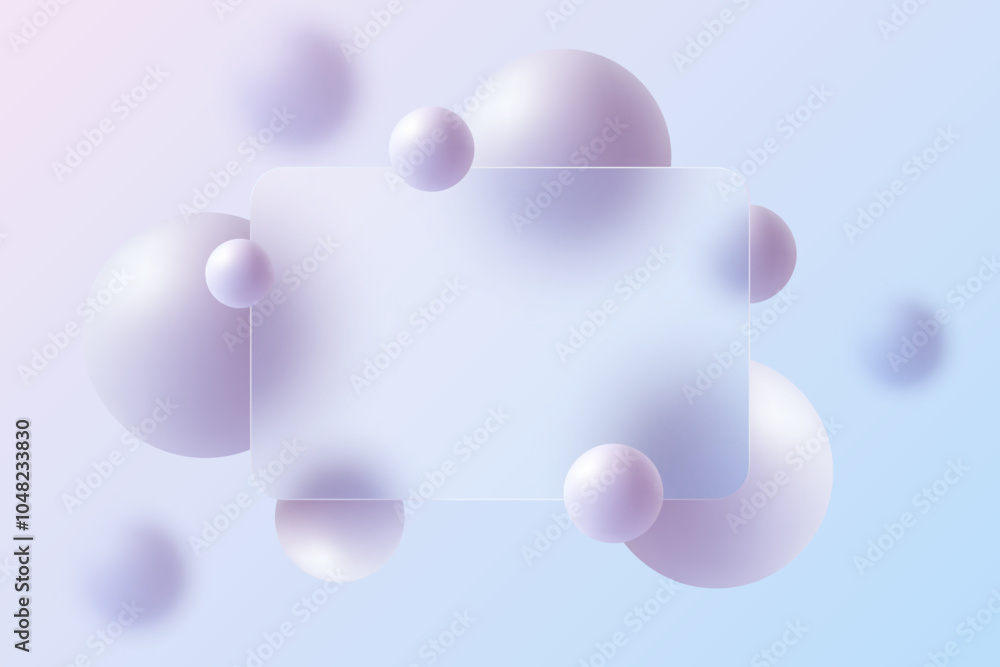 Poster glass morphism website landing page template. frosted glass partition with floating blue spheres.