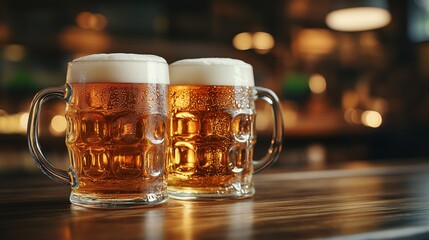 Two mugs of beer with foam on a wooden table against a blurred background of a bar interior