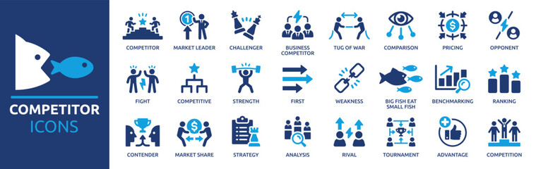 Competitor icon set. Containing competition, opponent, market leader, advantage, strengths, weakness, comparison and ranking. Solid vector icons collection.