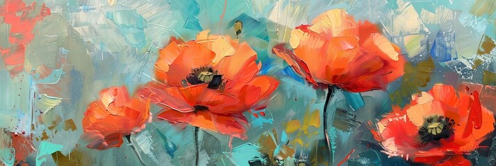 Vibrant Red Poppies Against a Soft Blue Background: A Colorful Abstract Floral Painting for Art Enthusiasts and Home Decor Inspiration