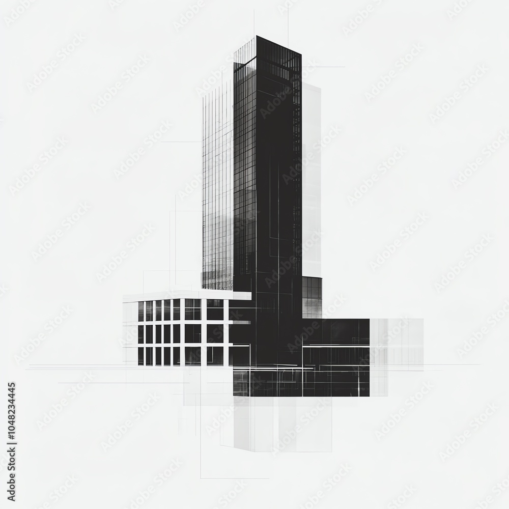 Poster modern architectural design featuring a tall skyscraper with geometric shapes and a minimalistic aes