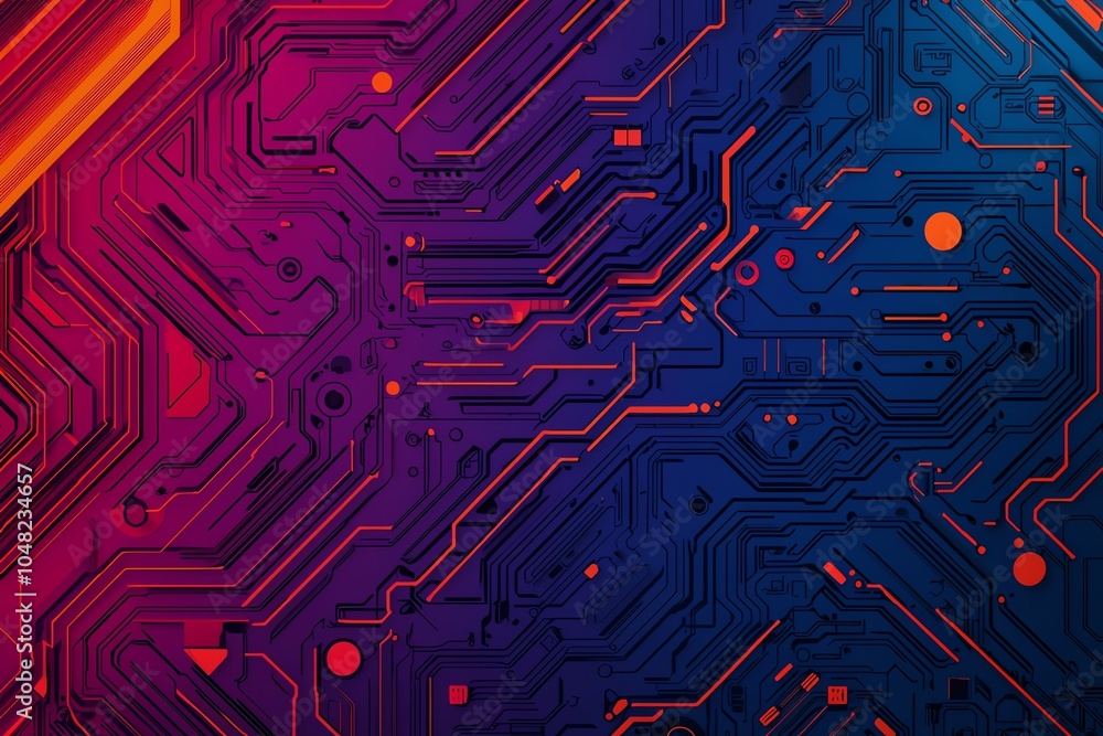 Poster vibrant abstract circuit board background with a blend of purple and blue hues, showcasing intricate