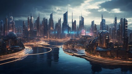 Obraz premium Futuristic City Skyline at Dusk With Illuminated Buildings Near Winding Waterways and Dramatic Cloud Formations