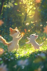 Two playful kittens in a sunlit forest, surrounded by flowers and floating particles.
