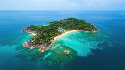 Fototapeta premium Luxurious tropical island with turquoise waters and pristine beaches seen from above, embodying paradise and exclusivity