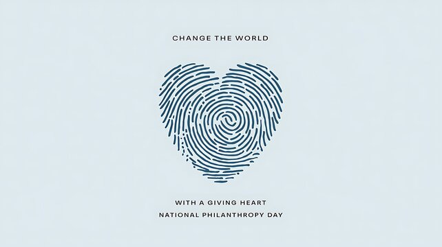 Minimalist Design for National Philanthropy Day Featuring Heart Shape with Intricate Blue Fingerprint Patterns and Inspiring Message