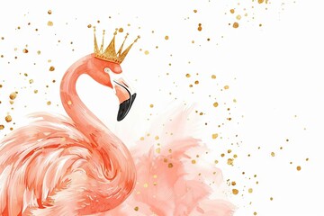 Whimsical Pink Flamingo with a Crown and High Heel Shoe, Surrounded by Golden Sparkles, Ideal for...