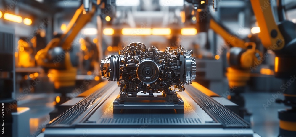 Poster industrial robot arms in a factory setting with a mechanical engine on a conveyor belt.