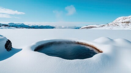 Hot springs surrounded by snow, with steam rising into the cold winter air, hot springs, natural thermal pools