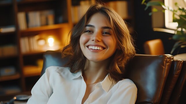 Smiling Woman in Cozy Modern Space