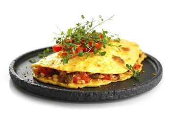 Omelete with vegetables and micro greens on a black stone tray isolated on a white background