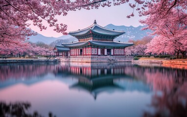 Obraz premium Serene Korean Pavilion with Cherry Blossoms