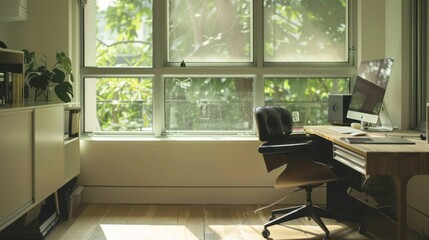 Modern Office Space with a Window View and a Black Leather Office Chair