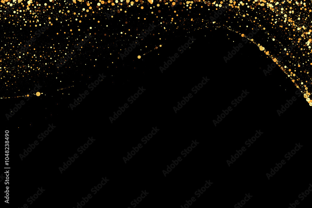 Poster scattered golden particles on a dark background. festive background or design element.
