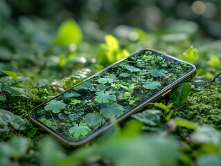 a smartphone covered in moss, surrounded by a dense carpet of green plants, giving a sense of being in a lush, natural environment.