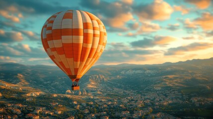 Naklejka premium Colorful hot air balloon drifting softly against a blurred sky, evoking a sense of adventure and tranquility in the open air