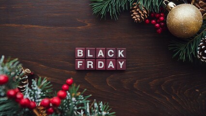 Wooden background with pine branches, red berries, and a gold ornament. The words Black Friday are spelled out in white letters on red blocks.