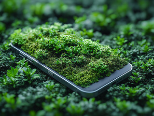 a smartphone covered in moss, surrounded by a dense carpet of green plants, giving a sense of being in a lush, natural environment.