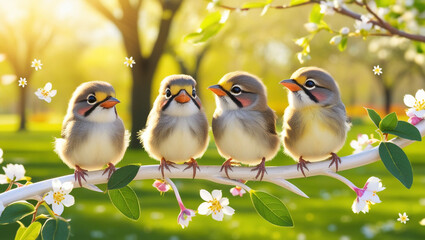 Fototapeta premium funny little birds sit on a branch in a spring Sunny Park and chirp