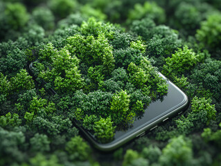 a smartphone covered in moss, surrounded by a dense carpet of green plants, giving a sense of being in a lush, natural environment.