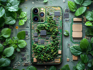 a smartphone covered in moss, surrounded by a dense carpet of green plants, giving a sense of being in a lush, natural environment.