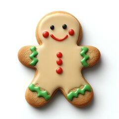 Naklejka premium Gingerbread man cookie with red and green detailing on white background. Classic holiday cookie with festive red and green icing accents on buttons and edges, creating a cheerful Christmas treat