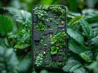 a smartphone covered in moss, surrounded by a dense carpet of green plants, giving a sense of being in a lush, natural environment.