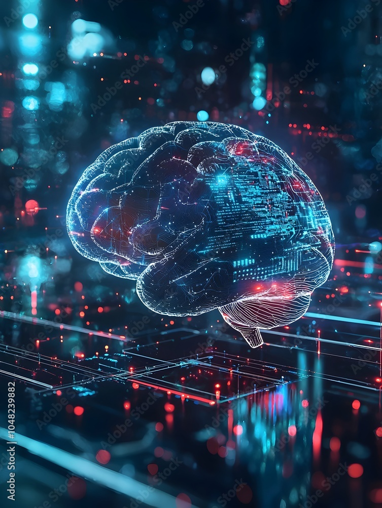 Poster holographic brain visualizing futuristic data and cognitive enhancements